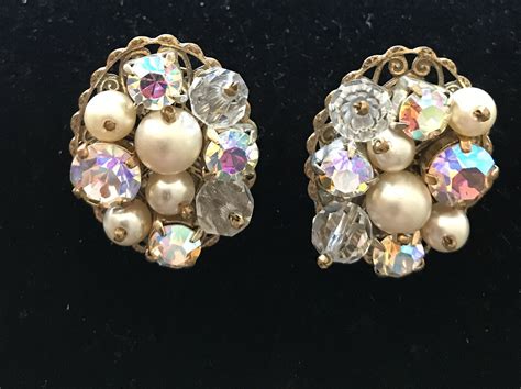 Stunning Ab Aurora Borealis Rhinestone Faux Pearl Filigree Clip On Earrings By Yesterdaysluster