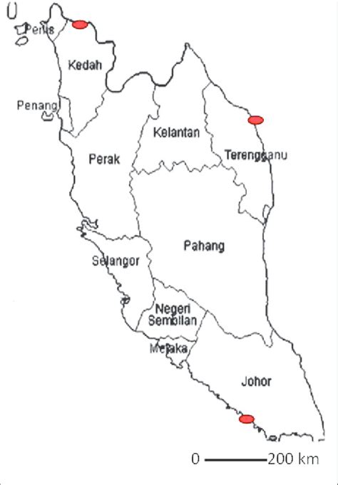 Map of Peninsular Malaysia showing the sampling locations | Download ...