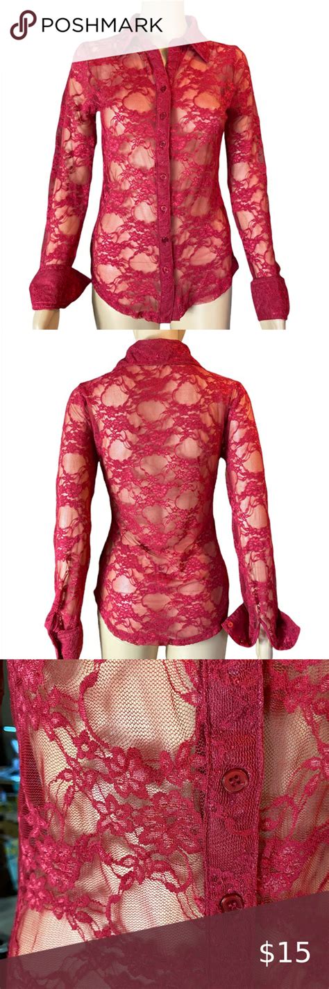 Zenana Outfitters Ladies Size Medium Red Lace Shirt Long Sleeves Red