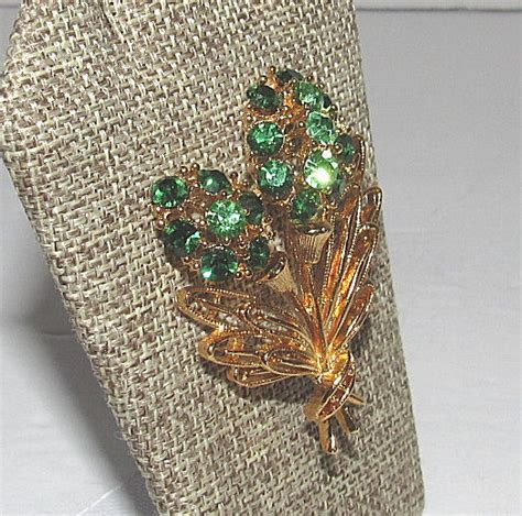 Vintage Lisner Flower Bouquet Brooch Gold Tone Green Gem