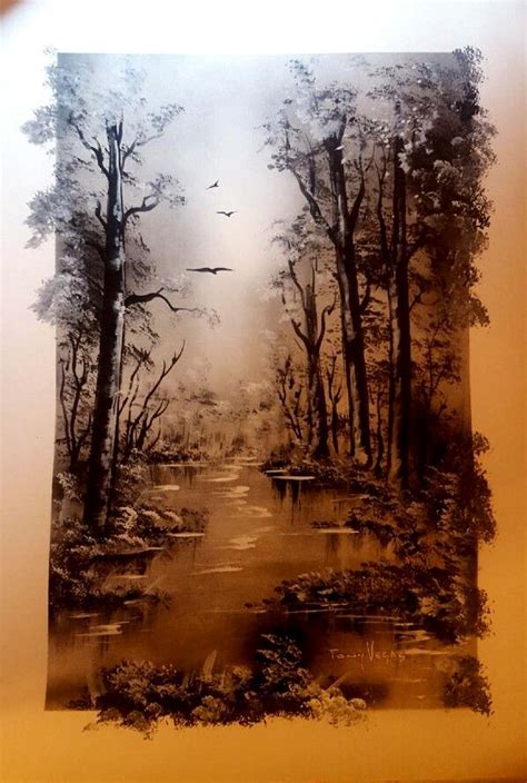 A Painting Of Trees And Water With Birds Flying Over It