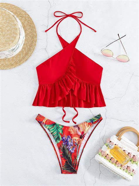 Tropical Print Ruffle Hem Bikini Swimsuit Shein Usa