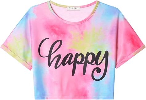 Girls Casual Happy Letter Print Summer Shirts Tie Dye Short Sleeve Crop