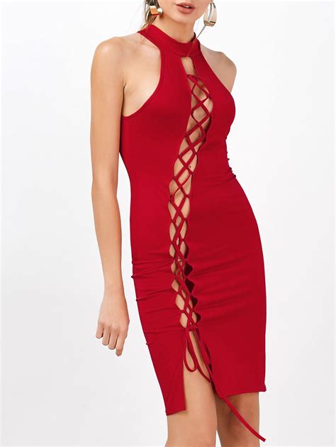 20 OFF Criss Cross Backless Bodycon Club High Neck Hot Dress Rosegal