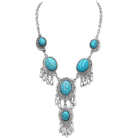 Retro Vintage Silver Boho Turquoise Pendant Statement Necklaces Women