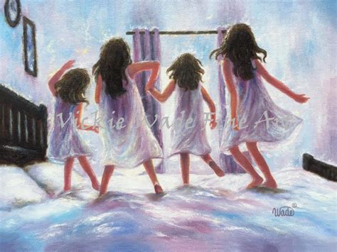 Four Sisters Jumping on the Bed Art Print, Four Girls, Four Brunette ...