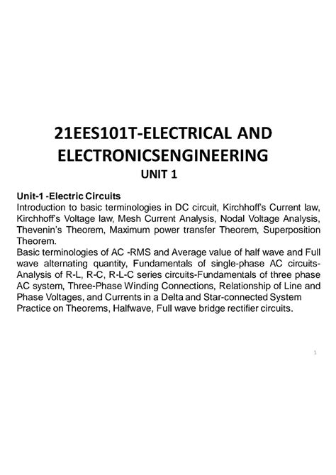 Beee Unit 1 Unit 1 Electronic And Electrical Engineering Studocu