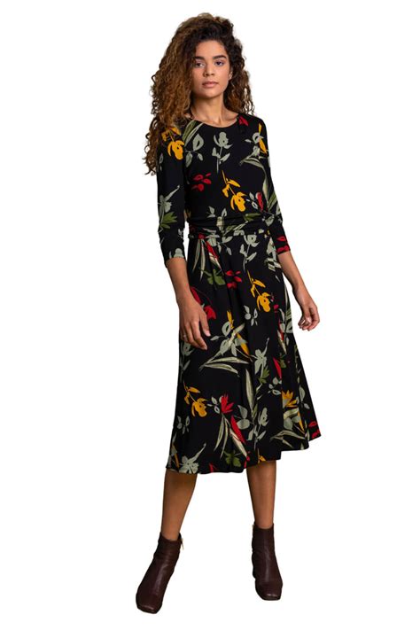 Roman Black Floral Print Gathered Waist Dress Matalan