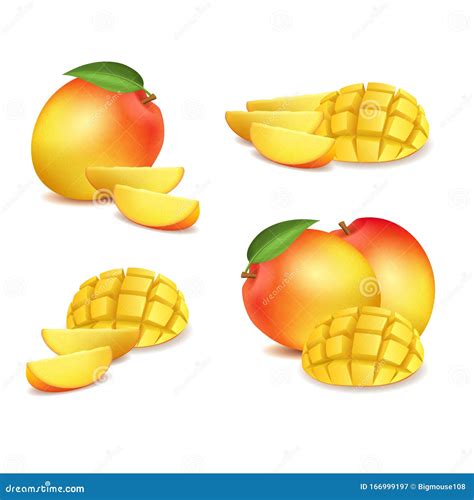 Realistic Detailed D Whole Mango And Sliced Set Vector Stock Vector