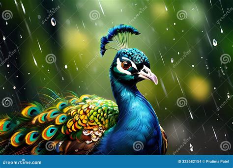 Portrait Of Peacock With Feathers Out In Rain Beautiful Nature And