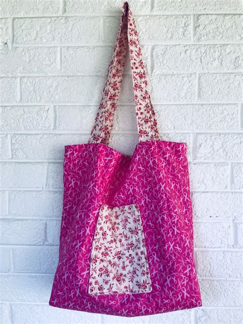 Tote Bag Pink Ribbons And Vintage Floral Tote With Pockets And Magnetic Snap Closure Carry All