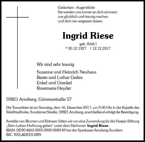 Traueranzeigen Von Ingrid Riese Trauer In NRW De