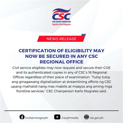 Certification Of Eligibility May Now Be Secured In Any Csc Regional Office News Press