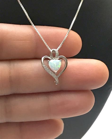 White Opal Heart Necklace Fire Opal Heart Charm Pendant Etsy