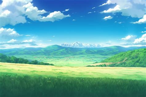 Anime Landscape With A Mountain In The Background Premium Ai