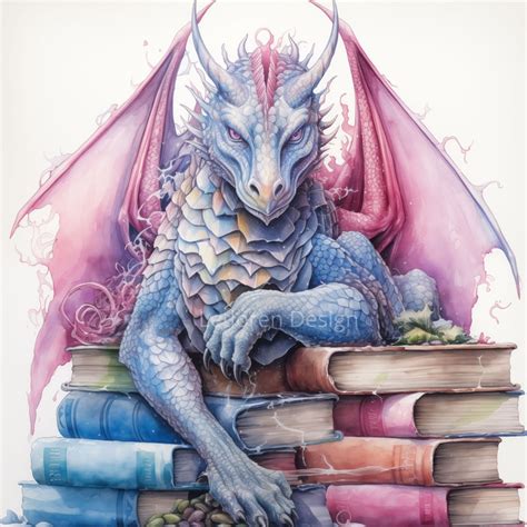 Watercolor Dragon Guarding Books Clipart High Quality Watercolor