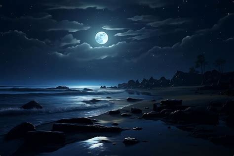 Premium Ai Image Photo Of Moonlit Beach With Rolling Ocean Waves Night