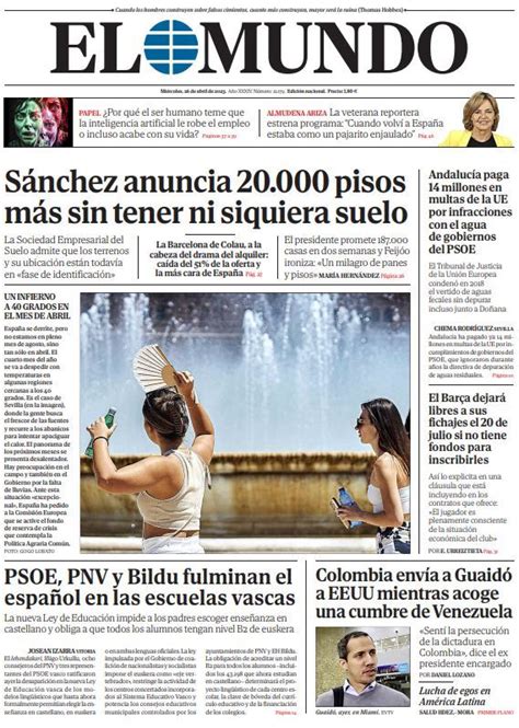 Portada De El Mundo Del Mi Rcoles De Abril De Medios