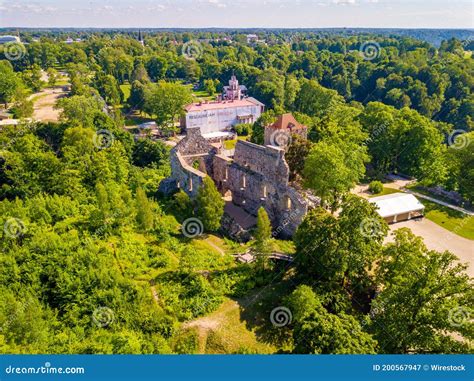 Aerial View Of The Beautiful Famous New Castle In Sigulda Latvia Stock