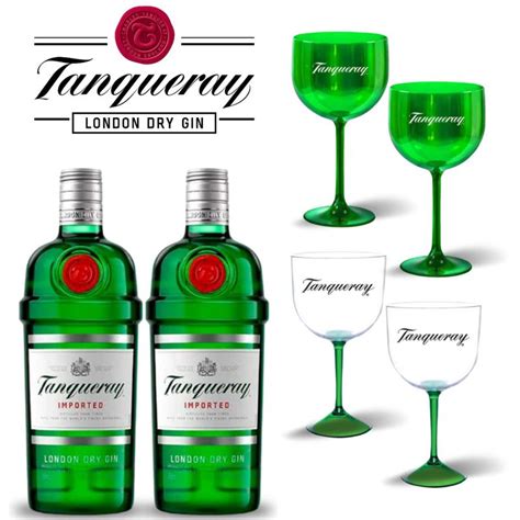 Kit Gin Tanqueray London Dry 750ml Com 2 Taças Verde 2 Bicolor