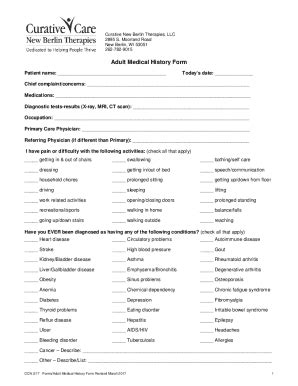 Fillable Online Adult Medical History Form Curative Care Network Fax