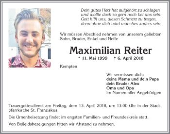 Traueranzeigen Von Maximilian Reiter Augsburger Allgemeine Zeitung