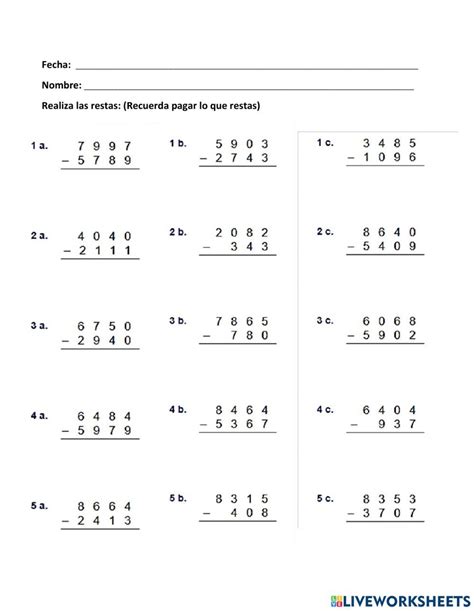 Restas De Cuatro Cifras Llevando Worksheet Cifras Atividades