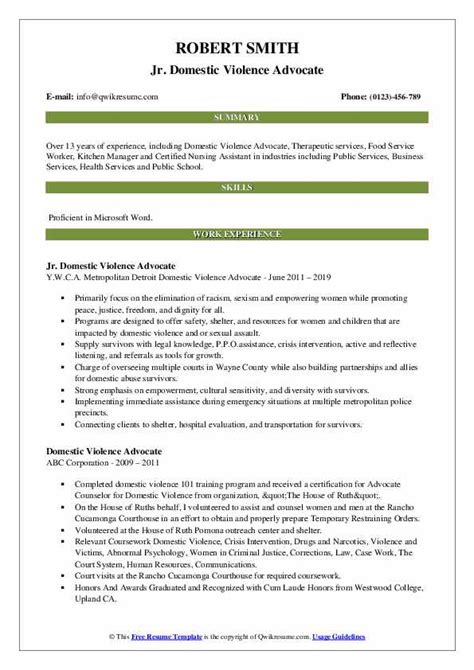 Domestic Violence Advocate Resume Samples Qwikresume