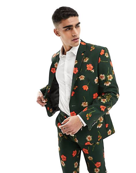 Asos Design Slim Suit Jacket In Floral Print In Green Asos