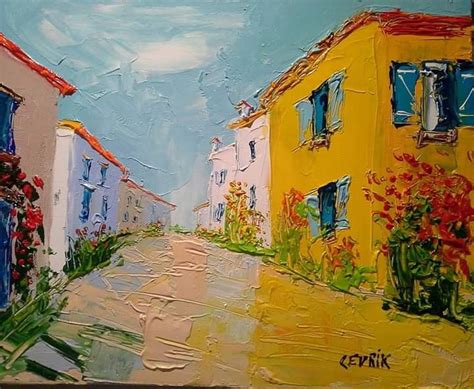 An Oil Painting Of Houses And Flowers On A Street With Blue Sky In The