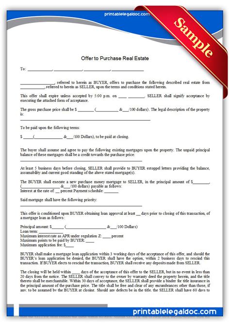 Free Printable Offer To Purchase Real Estate Form GENERIC