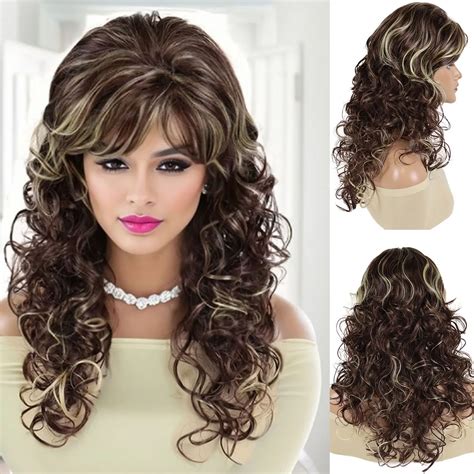 Gnimegil Synthetic Mommy Wigs For Women Long Curly Hair Wig With Bangs Brown Highlights Blonde