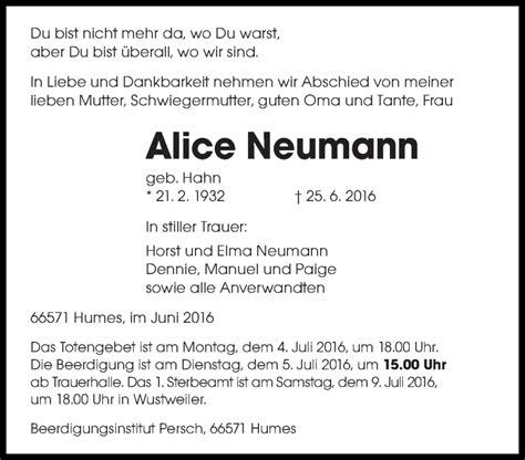 Traueranzeigen Von Alice Neumann Saarbruecker Zeitung Trauer De