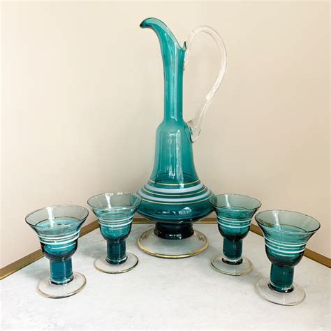 Vintage Blue Glass Decanter Set With 4 Liquor Cordial Glasses Etsy