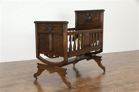 Victorian Antique Oak Baby Cradle Crib Or Bed Carved Angel Or Cherub