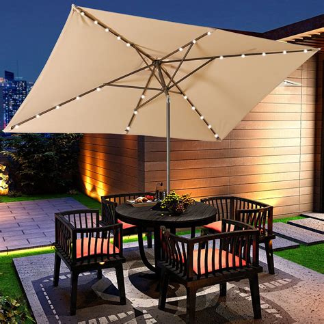 Aok Garden Rectangular Patio Umbrella with Solar Lights 6.5x10FT, 30 LED light Aluminum Pole ...