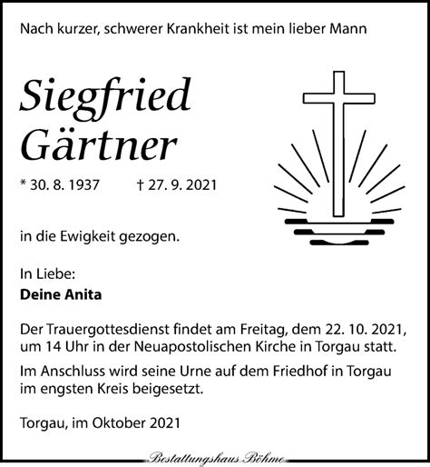 Traueranzeigen Von Siegfried G Rtner Trauer Anzeigen De