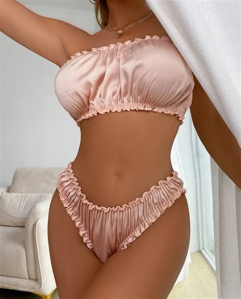 Ruched Frill Trim Bandeau Lingerie Set Satin Lingerie Set Etsy