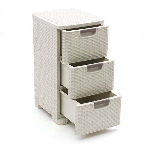 Curver Rattan 3 Tier Tower Vintage White 14l Wicker Style Drawer