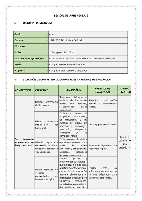 Sesion Liberato Trujillo Sesin De Aprendizaje I Datos