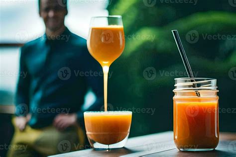 A Man Pouring Orange Juice Into A Glass Ai Generated Stock