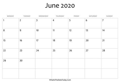 Printable Blank Monthly Calendar June 2020