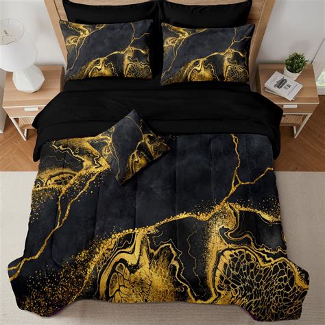 Muginyu Black Gold Marble Comforter Set Queen Size 8 Pieces