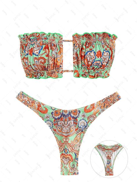 Zaful Ribbed Floral Paisley Ruffle Bandeau Thong Bikini Swimwear In