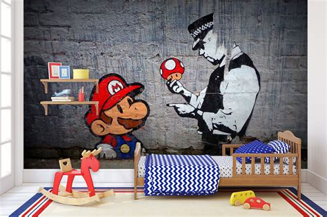 Banksy Mario Mushroom Wall Mural Wallpaper Etsy