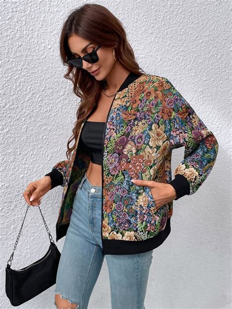 Shein Lune Allover Floral Print Zip Up Bomber Jacket Shein Uk