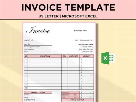 Invoice Template For Ms Excel Modern And Professional Etsy