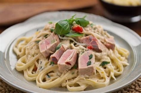 Premium Photo Decadent Bluefin Tuna Fettuccine Alfredo Recipe With Sundried Tomatoes