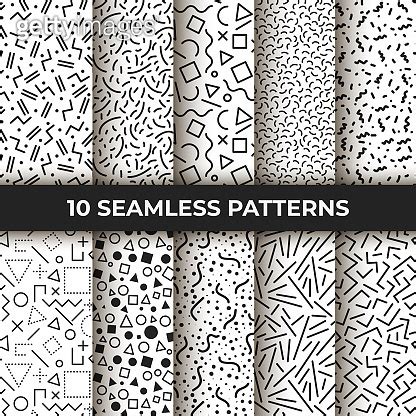 Set Of Ten Seamless Patterns Retro Memphis Geometric Line Shapes