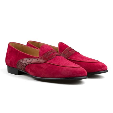 Berwick Belgian Penny Loafer Red Suede W Faux Croc Strap